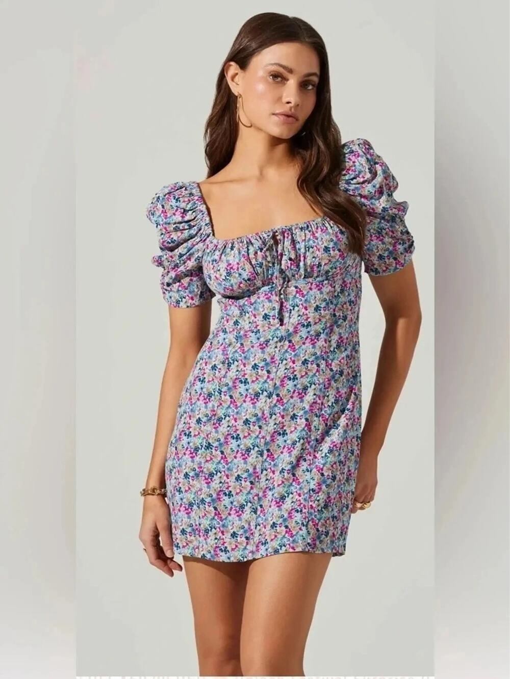 ASTR the Label Blue Fushia Floral Puff dress size Large NWT Feminine Cottage